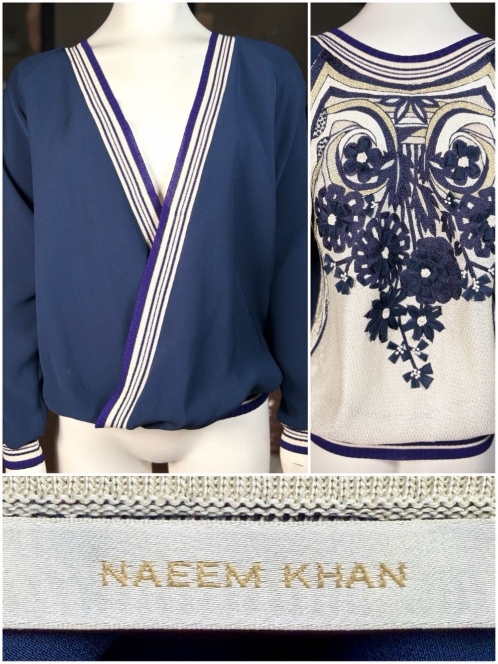 Naeem Khan Blue & Ivory 100% Silk Long Sleeve Embroidered Cross Front Top, Sz S